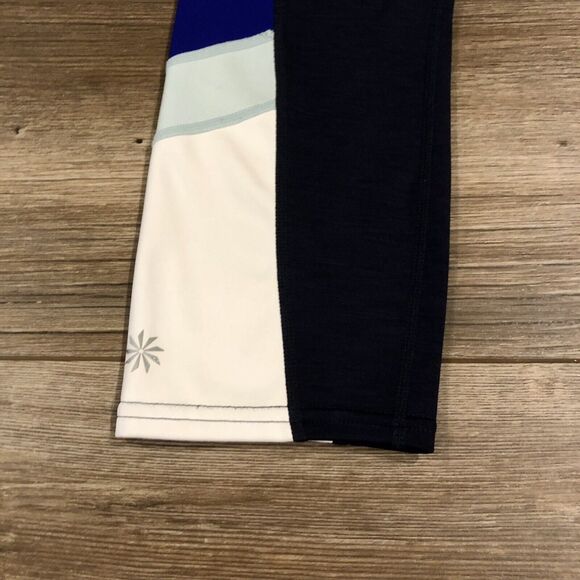 Athleta Leggings Small Multi Blue White Color Block Cropped Back Zipper Pocket - Picture 8 of 11